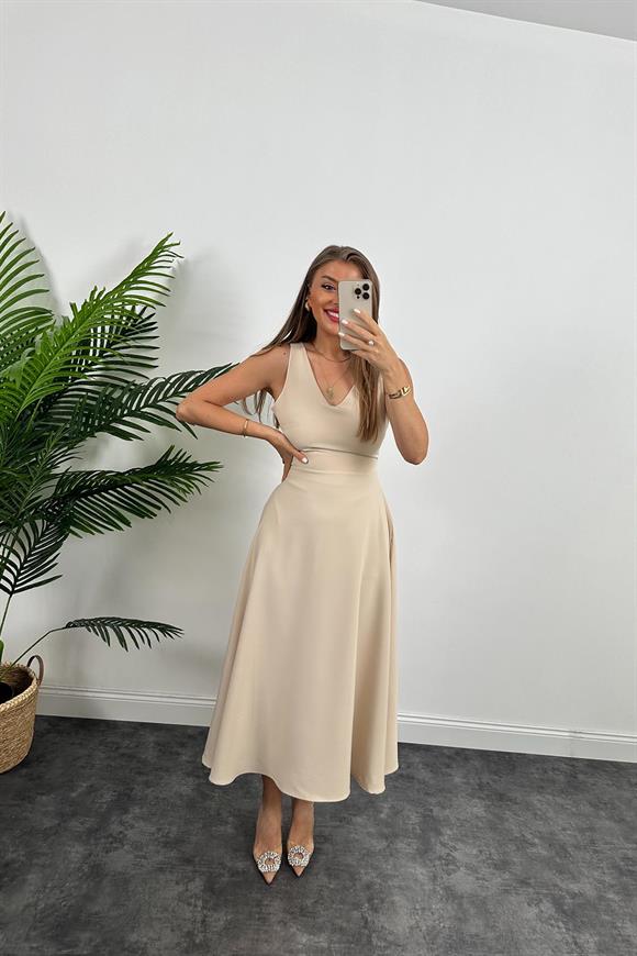 Midi Boy Double Atlas Kumaş Kloş Elbise Taş