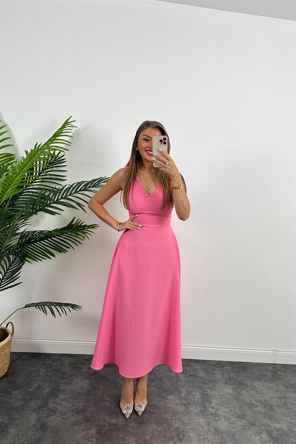 Midi Boy Double Atlas Kumaş Kloş Elbise Pembe