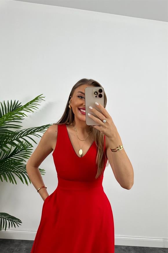 Midi Boy Double Atlas Kumaş Kloş Elbise Kırmızı