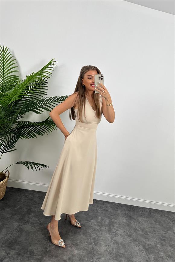 Midi Boy Double Atlas Kumaş Kloş Elbise Taş