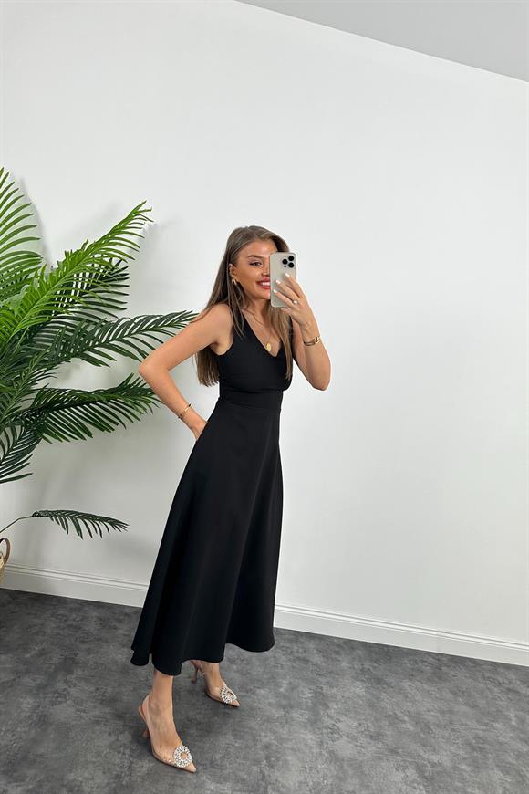 Midi Boy Double Atlas Kumaş Kloş Elbise Siyah