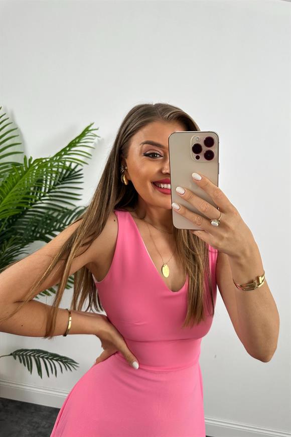 Midi Boy Double Atlas Kumaş Kloş Elbise Pembe