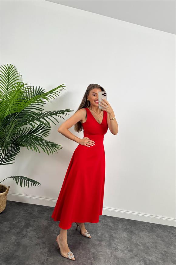 Midi Boy Double Atlas Kumaş Kloş Elbise Kırmızı