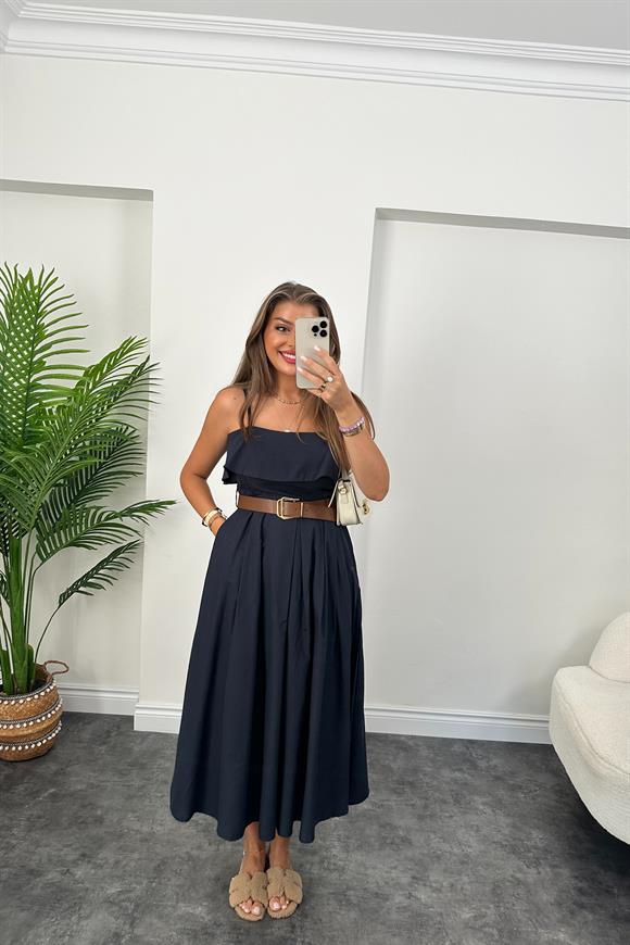 Midi Boy Poplin Kumaş Kemerli Kloş Elbise Lacivert