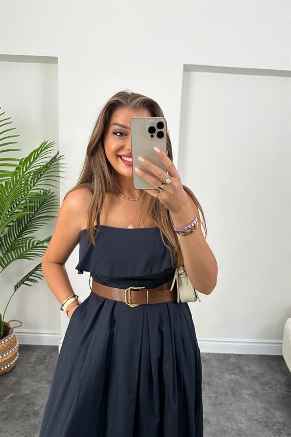 Midi Boy Poplin Kumaş Kemerli Kloş Elbise Lacivert