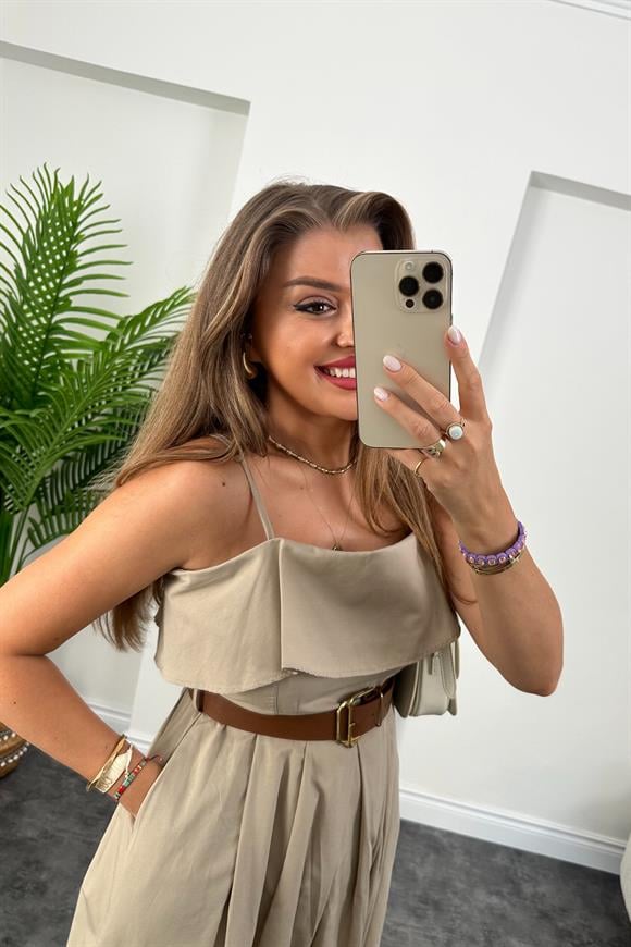 Midi Boy Poplin Kumaş Kemerli Kloş Elbise Taş