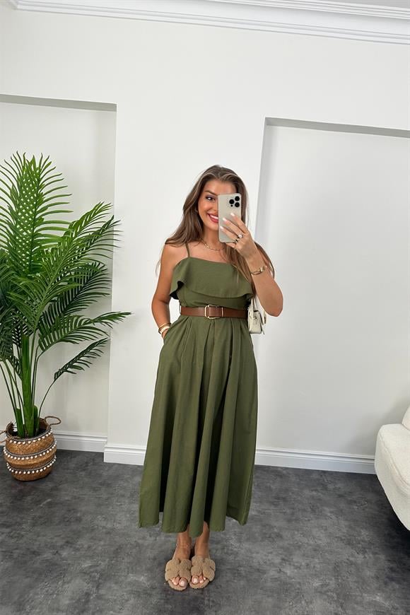 Midi Boy Poplin Kumaş Kemerli Kloş Elbise Haki