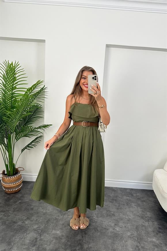 Midi Boy Poplin Kumaş Kemerli Kloş Elbise Haki