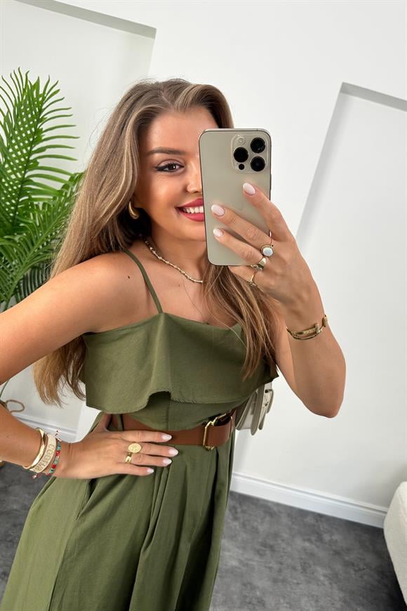 Midi Boy Poplin Kumaş Kemerli Kloş Elbise Haki