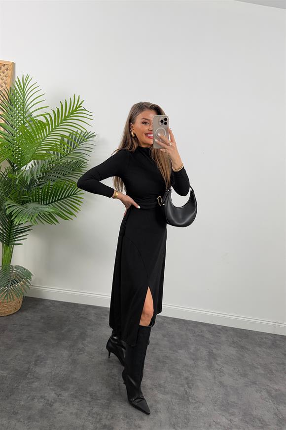 Midi Boy Yırtmaçlı Kemerli Kaşkorse Elbise Siyah