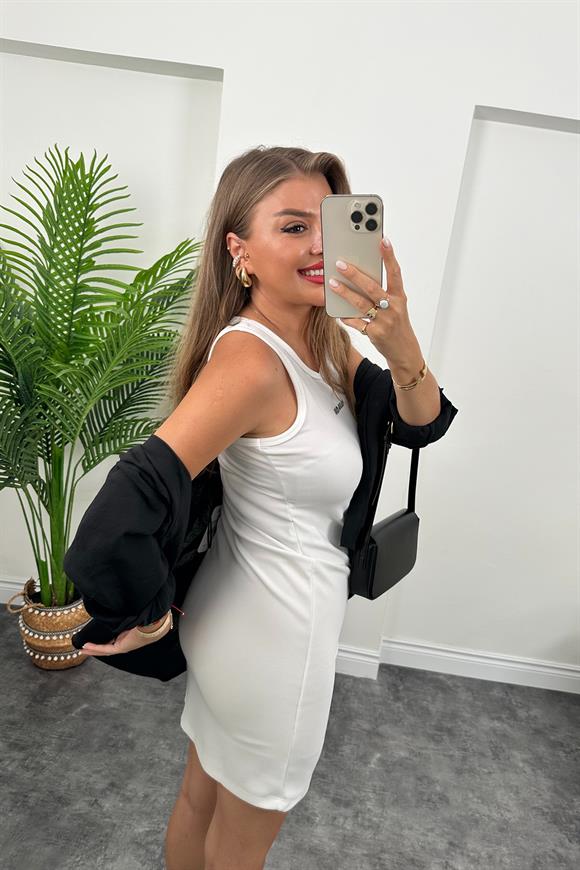 Miu Nakışlı Ottoman Kumaş Kısa Kalem Elbise Beyaz