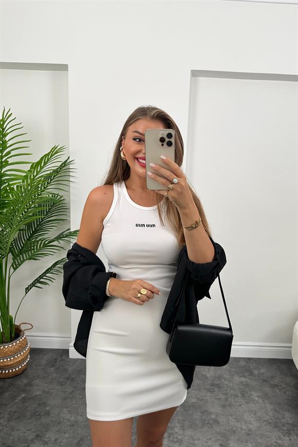 Miu Nakışlı Ottoman Kumaş Kısa Kalem Elbise Beyaz