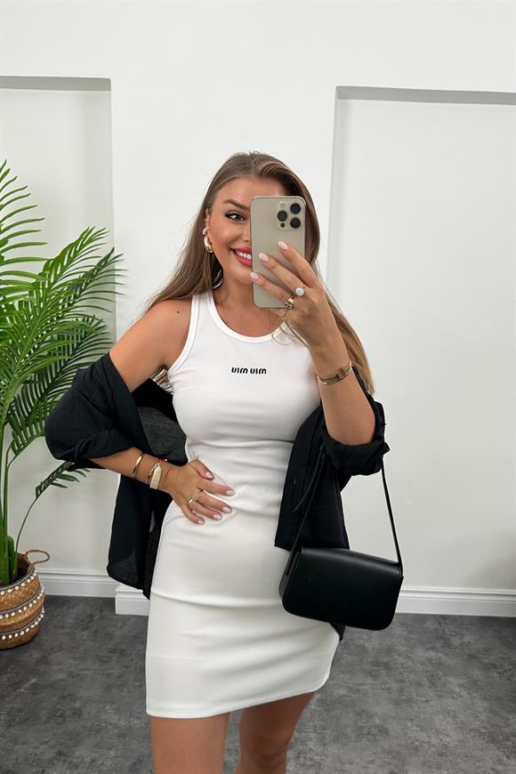 Miu Nakışlı Ottoman Kumaş Kısa Kalem Elbise Beyaz