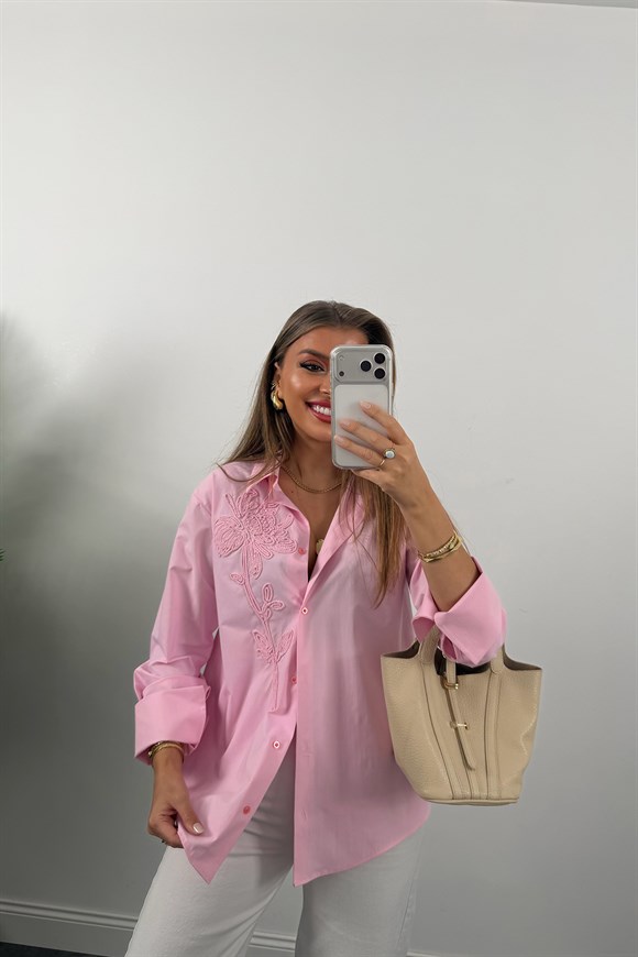 Mng Önü Nakışlı %100 Pamuk Poplin Gömlek Pembe