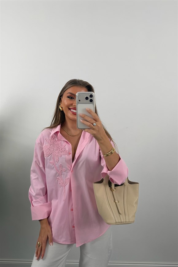 Mng Önü Nakışlı %100 Pamuk Poplin Gömlek Pembe