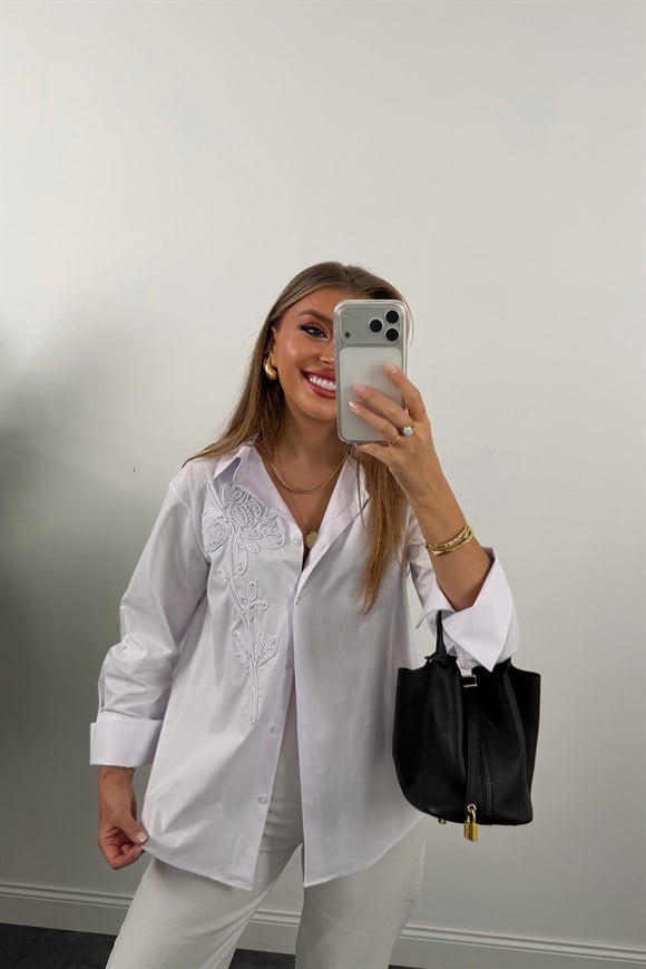 Mng Önü Nakışlı %100 Pamuk Poplin Gömlek Beyaz