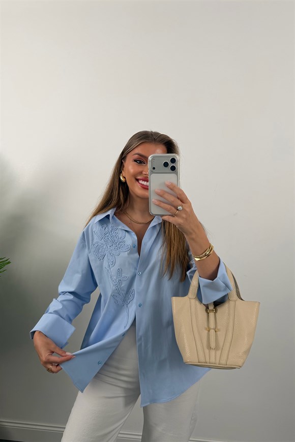 Mng Önü Nakışlı %100 Pamuk Poplin Gömlek Mavi