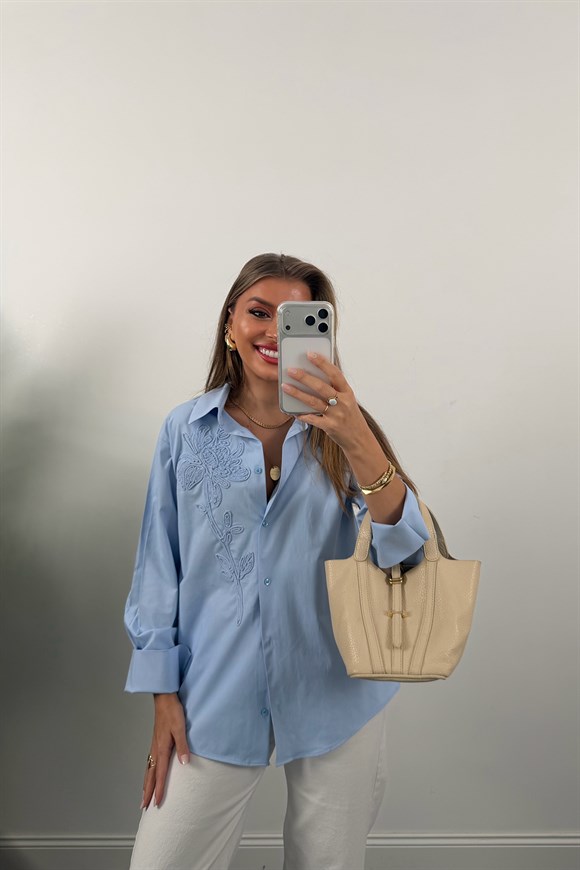 Mng Önü Nakışlı %100 Pamuk Poplin Gömlek Mavi