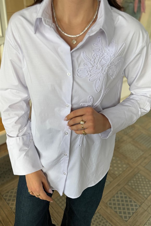 Mng Önü Nakışlı %100 Pamuk Poplin Gömlek Beyaz