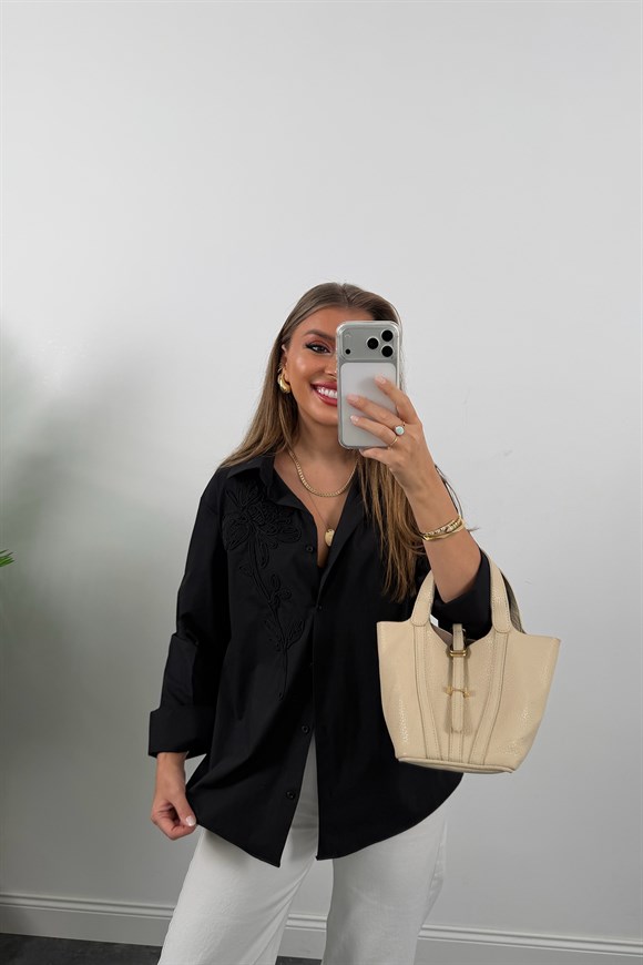 Mng Önü Nakışlı %100 Pamuk Poplin Gömlek Siyah