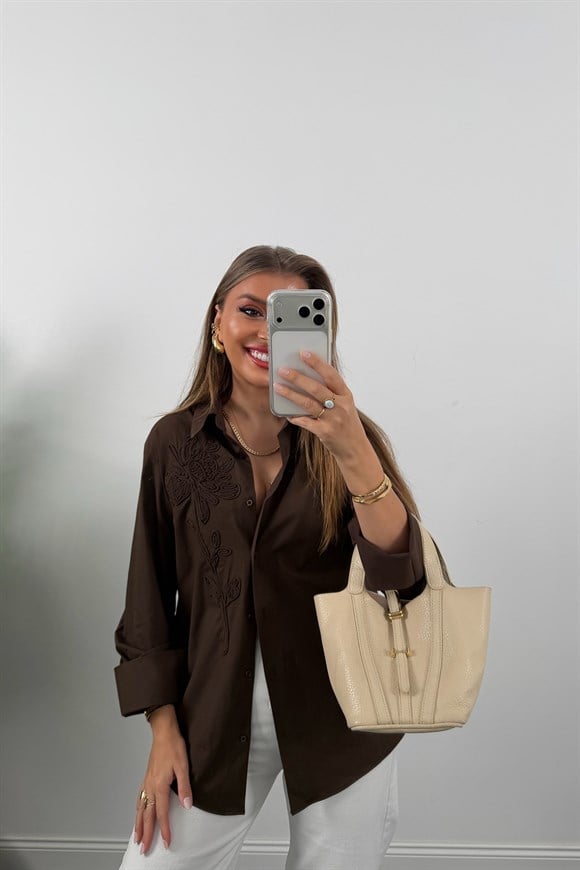 Mng Önü Nakışlı %100 Pamuk Poplin Gömlek Kahverengi