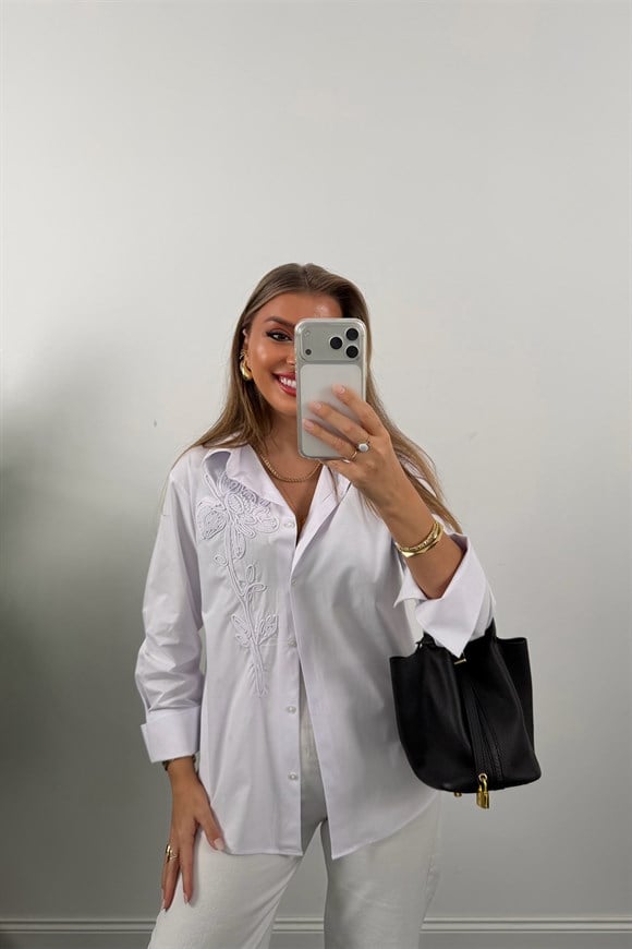 Mng Önü Nakışlı %100 Pamuk Poplin Gömlek Beyaz