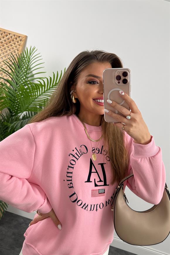 Nakışlı Tam Pamuklu LA Pembe Sweat