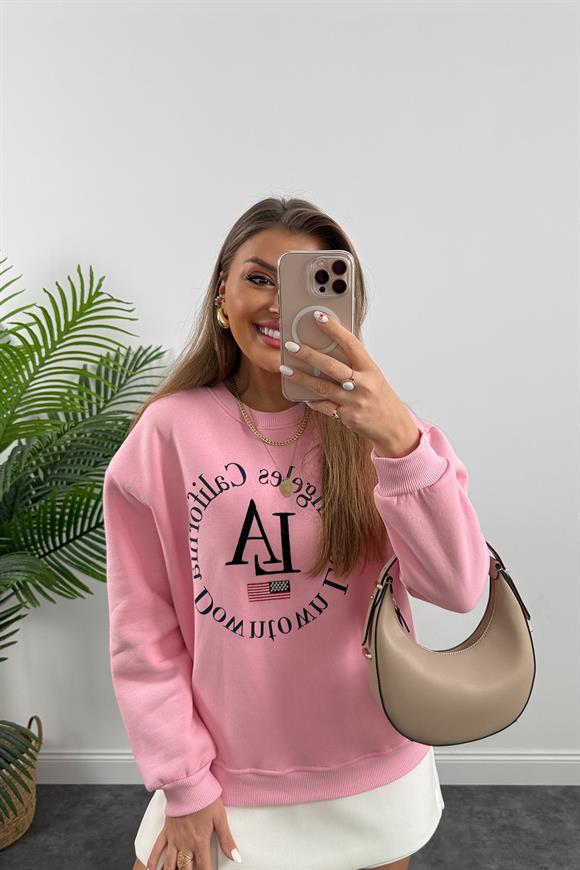 Nakışlı Tam Pamuklu LA Pembe Sweat