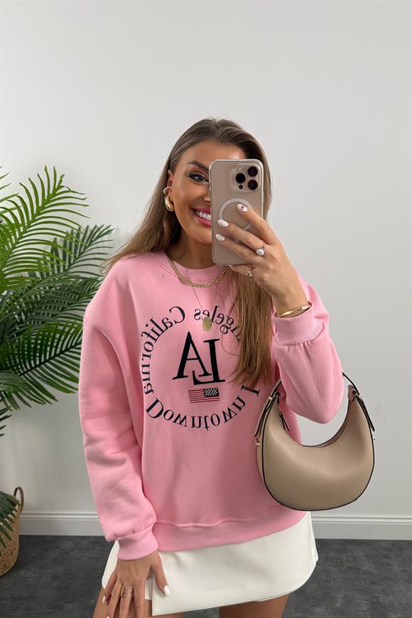 Nakışlı Tam Pamuklu LA Pembe Sweat