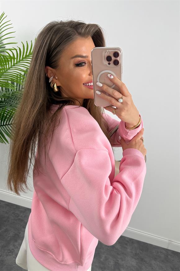 Nakışlı Tam Pamuklu LA Pembe Sweat