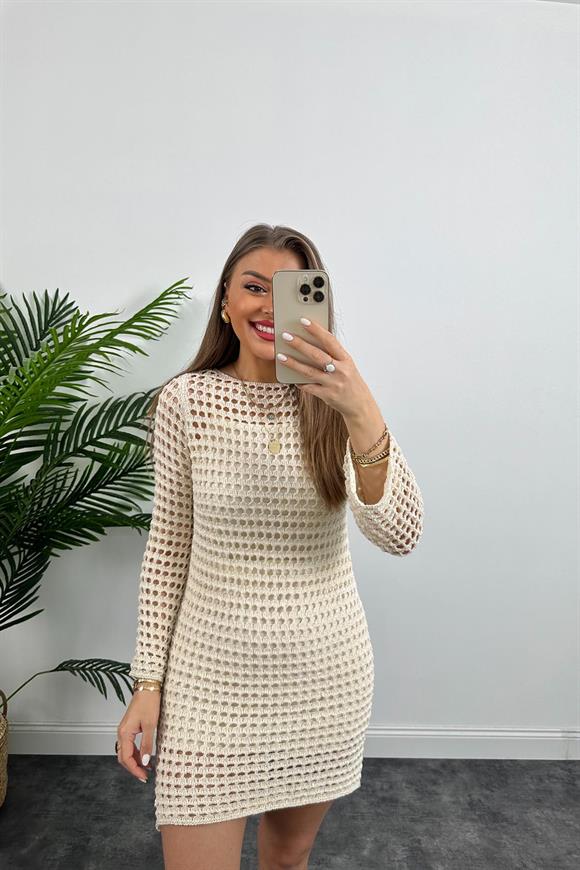 Nisan Marka Elit Triko Gold Işıltılı Ajurlu Kısa Elbise