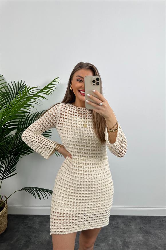 Nisan Marka Elit Triko Gold Işıltılı Ajurlu Kısa Elbise