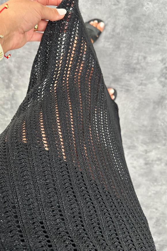 Nisan Marka Elit Triko Işıltı Tek Kol Bluz Etek Örme Takım Siyah