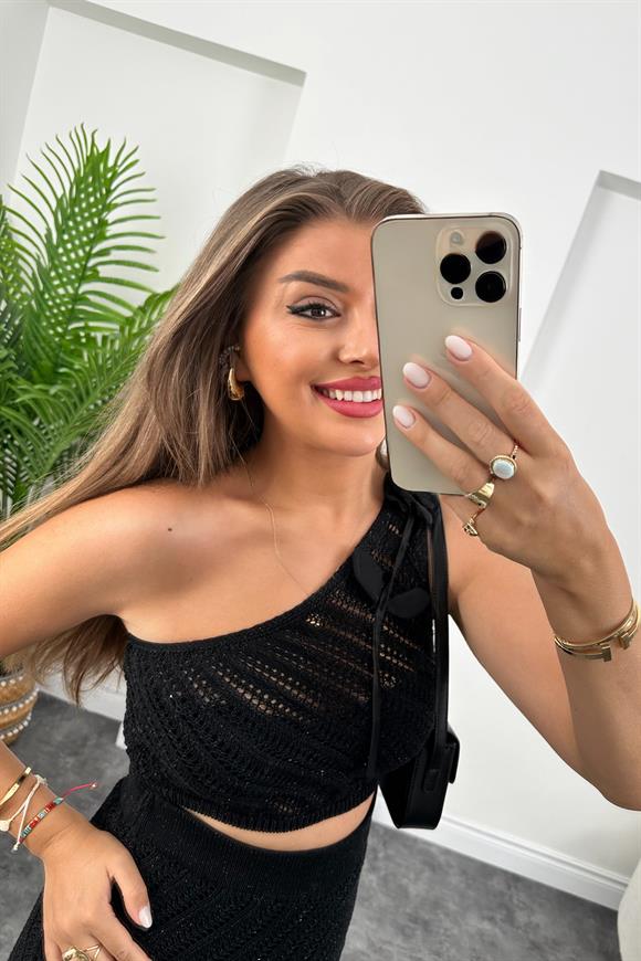 Nisan Marka Elit Triko Işıltı Tek Kol Bluz Etek Örme Takım Siyah