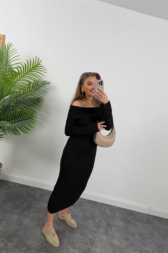 Nisan Marka Lüx Kalite Madonna Yaka Triko Elbise Siyah