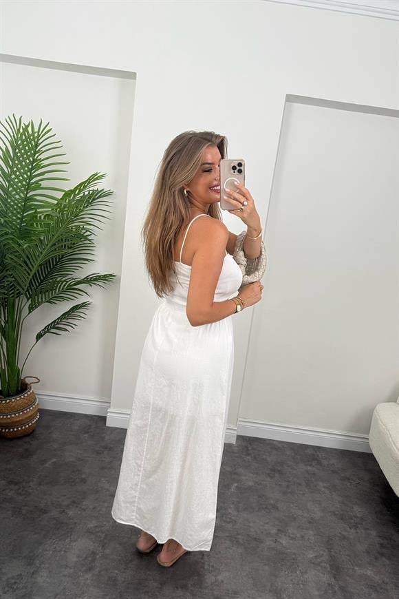 Ola Beli Nakışlı Lastikli %100 Pamuk Keten Astarlı Etek Beyaz