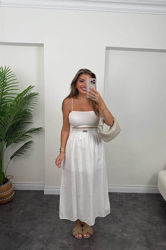 Ola Beli Nakışlı Lastikli %100 Pamuk Keten Astarlı Etek Beyaz