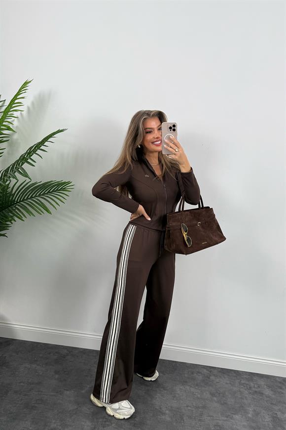 Ola Lüx Kalite Şeritli Likralı Eşofman Takımı Acı Kahve