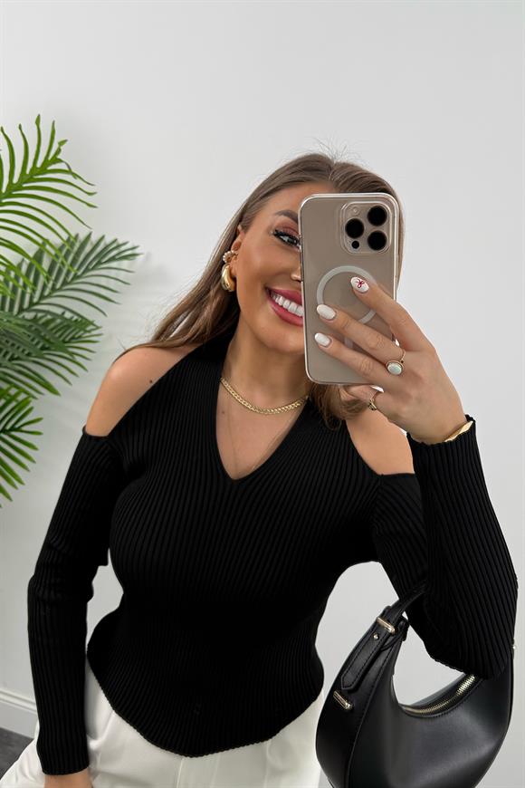 Omuz Dekolteli Tasarım Çelik Triko Siyah