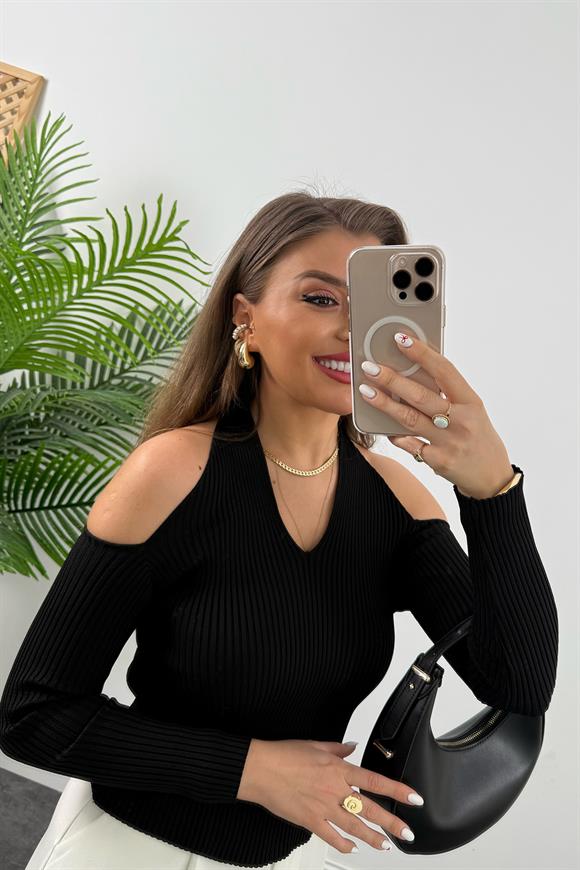 Omuz Dekolteli Tasarım Çelik Triko Siyah
