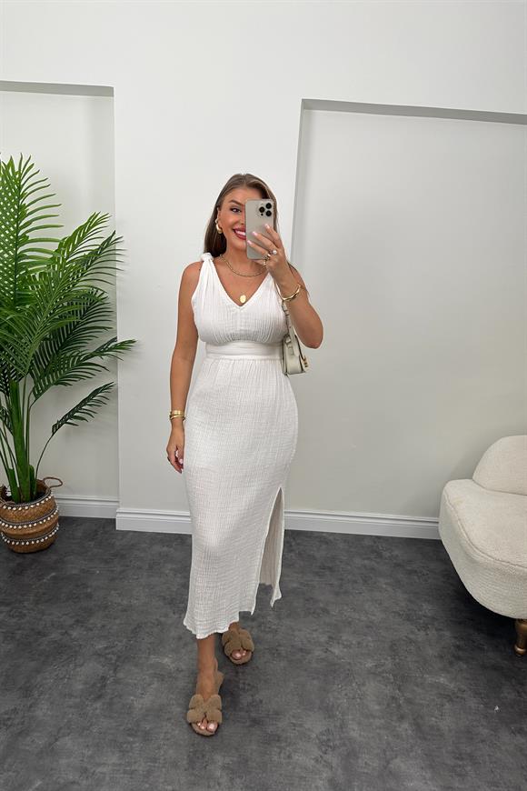 Omuzları Düğümlü %100 Pamuk Keten Maxi Helen Elbise Beyaz