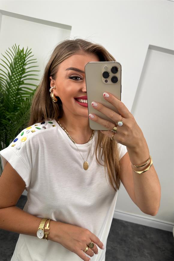 Omuzları Renkli Taşlı Beyaz Basic Tshirt