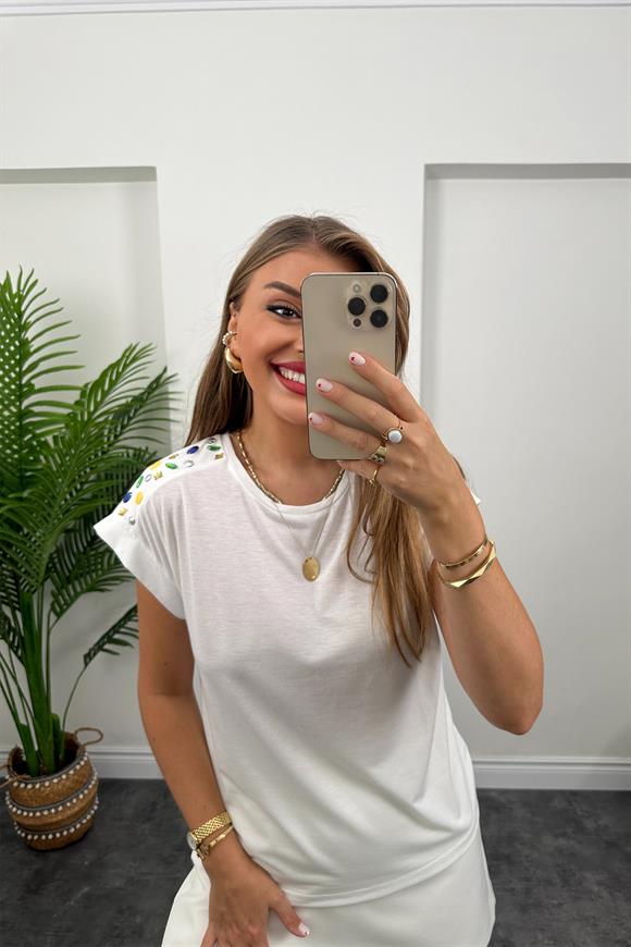 Omuzları Renkli Taşlı Beyaz Basic Tshirt