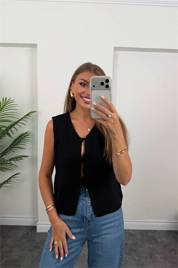 Önü Bağlamalı Triko Bluz Siyah