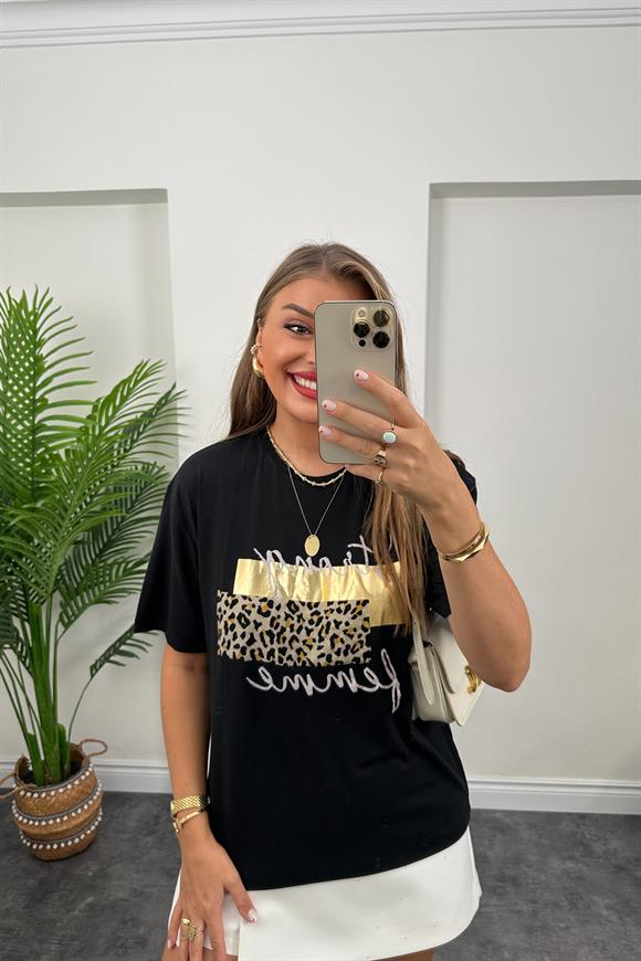 Önü Gold Leoparlı Strong Tam Pamuklu Tshirt Siyah