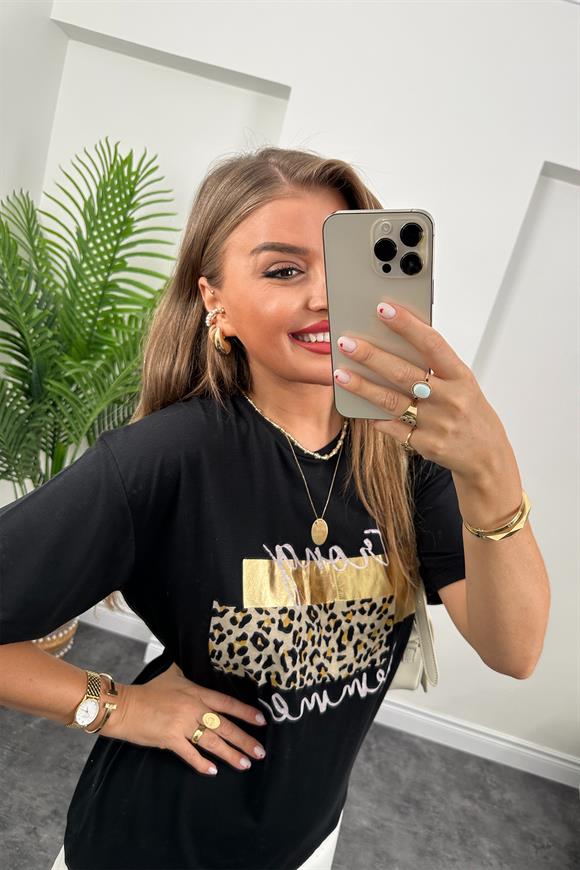 Önü Gold Leoparlı Strong Tam Pamuklu Tshirt Siyah
