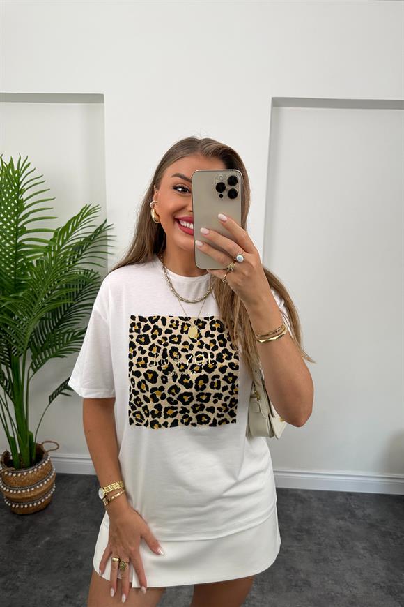 Önü Leoparlı Gold Joyful Tam Pamuklu Beyaz Tshirt