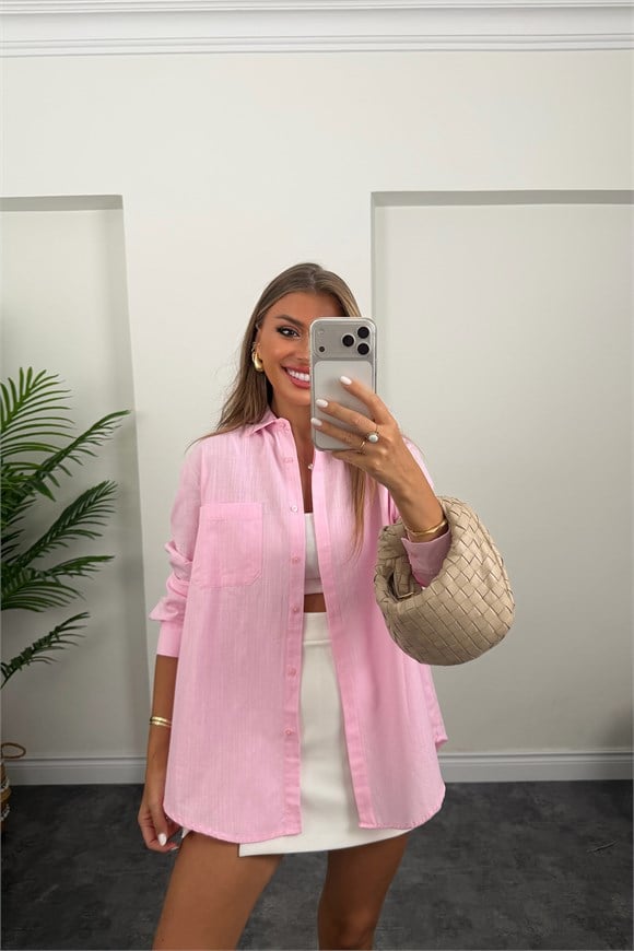 Orjinal Marka %100 Pamuk Keten Basic Gömlek  Pembe