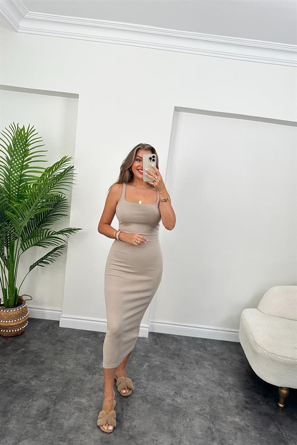 Orjinal Marka Kalın Pamuklu Kumaş Likralı Kalem Elbise Bej