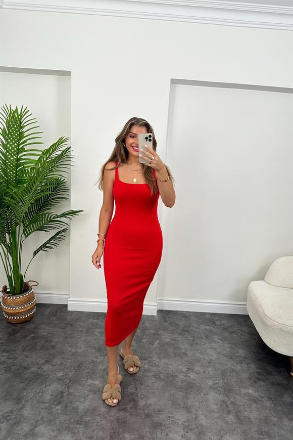 Orjinal Marka Kalın Pamuklu Kumaş Likralı Kalem Elbise Kırmızı